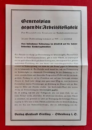 Bild des Verkufers fr Verlagswerbung des Verlag Gerhard Stalling fr das Buch "Generalplan gegen die Arbeitslosigkeit" zum Verkauf von ANTIQUARIAT H. EPPLER