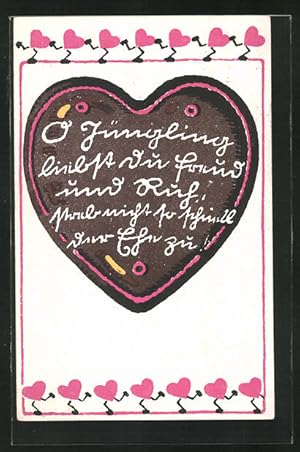 Ansichtskarte Lebkuchen-Herz mit Spruch und tanzenden Herzen