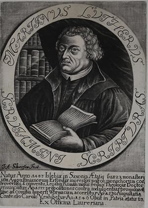 Bild des Verkufers fr Portrt. Brustportrt in Schriftoval, im Hintergrund Bcherwand und Vorhang: "Martinus Lutherus Scruiamini [recte Scrutamini ?] Scripturas". Kupferstich in Schabkunst: "J.A. Scharffen Fecit". zum Verkauf von Antiquariat  Braun