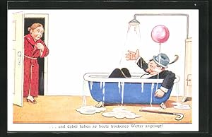 Ansichtskarte Frau blickt auf ihren betrunkenen Ehemann mit Kleidung in der Badewanne liegend