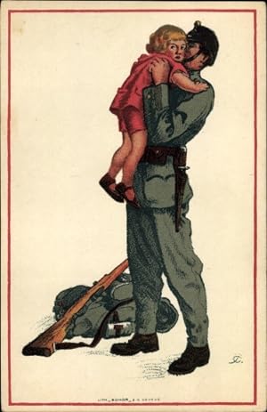 Künstler Ansichtskarte / Postkarte Schweizerischer Soldat mit Tochter, Waffe, Schweizerische Nati...