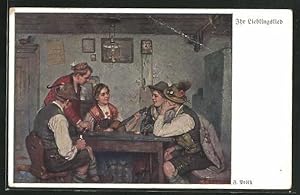 Bild des Verkufers fr Knstler-Ansichtskarte sign. F. Prlss: Ihr Lieblingslied, Frau mit Gitarre mit Freunden am Tisch zum Verkauf von Bartko-Reher