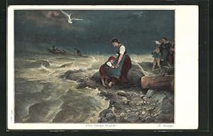 Künstler-Ansichtskarte sign. K. Raupp: Eine bange Stunde, Frau mit Mädchen am Ufer
