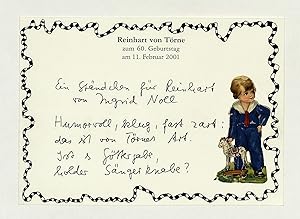 Imagen del vendedor de Karte mit eigenh. Widmung (6 Zeilen) und U. sowie Umrahmung und mont. Farblithographie. a la venta por Eberhard Kstler Autographen&Bcher oHG