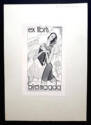 Exlibris, Ex libris - Künstlerin: D. Róna Emy / Emmy - Eigner: Biró Magda - Frau mit Buch in futu...