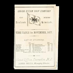 Seller image for Union Steam Ship Company of New Zealand Limited. Time table for November, 1877. for sale by Douglas Stewart Fine Books