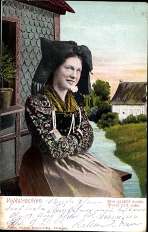 Ansichtskarte / Postkarte Trachten Schwaben, Was kanscht mache, mueßt halt lache, Frauenportrait