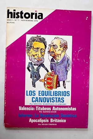 Immagine del venditore per Historia 16, Ao 1976, n 7:: Los equilibrios canovistas: la restauracin monrquica fue una solucin poltica impuesta; Hroes y rufianes frente a Napolen: comportamientos antipicos en la guerra de la Independencia; Objetivo: Museo del Prado; Valencia: titubeos autonomistas; La siembra de tempestades: gestacin histrica de la revolucin; Los das rojos; Los cuchillos largos: los bolcheviques y la oposicin (1917-1920); O el leninismo o la derrota; Ch in Shing Huang-Ti: el gran dictador; Juan Domingo Pern: la conquista del poder; Mahoma: batallas decisivas. El poder de los coraischitas, destruido en los combates de Badr y Uhud venduto da Alcan Libros