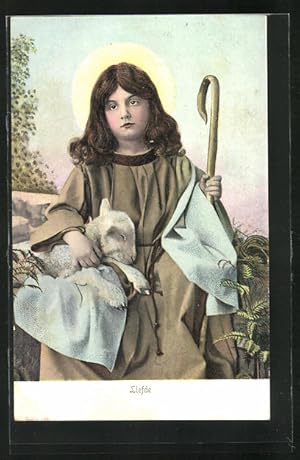 Ansichtskarte Allegorie, Liefde, Heiliger mit Hirtenstab und Lamm