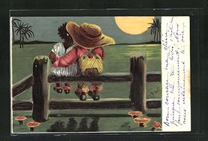 Ansichtskarte Afrikanisches Paar sitzt bei Mondschein auf einem Zaun