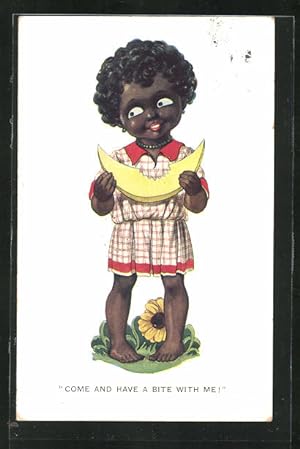 Ansichtskarte Kolonialhumor, kleines, farbiges Mädchen beim Essen einer Melone