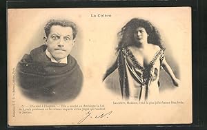 Ansichtskarte La Colère, Elle sied `a l`Homme., Grimmiger Herr und Dame mit offenem Haar