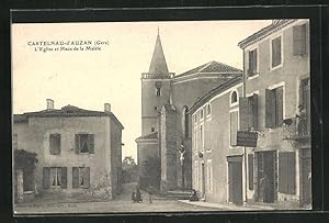 Carte postale Castelnau-d`Auzan, L`Eglise et Place de la Mairie