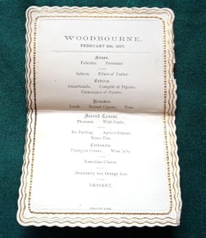 Menu for February 9th 1877 "Woodbourne". Now believed to be one of the "Priory Group" hospitals n...