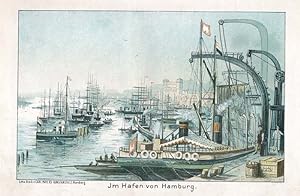 HAMBURG. Im Hafen von Hamburg. Chromolithographie von Carl Mayers Kunstanstalt, Nürnberg, 1890.