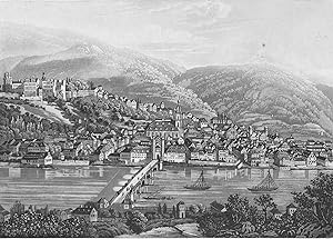 Heidelberg. Gesamtansicht über den Neckar. Aquatinta, um 1840. 9 x 13 cm.