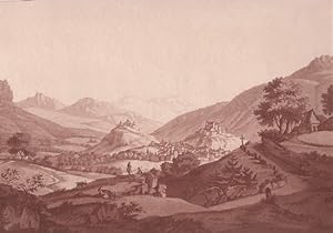 Sion. Gesamtansicht von einem Hügel aus. Aquatinta in Sepia von A. Beaumont, 1800. 20 x 30 cm. Bl...