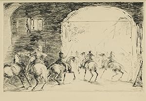 Reiter mit Lanzen durch einen Torbogen reitend. Signierte Orig.-Radierung, 1913. 16,5 x 26 cm. Bl...