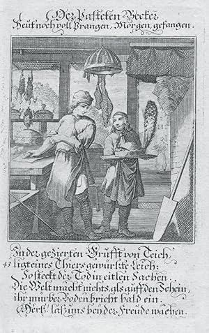 Der Pasteten- Becker. Kupferstich von Weigel, 1698. 13 x 8 cm.