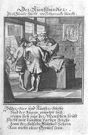Der Kunsthändler. Kupferstich von Weigel, 1698. 13 x 8 cm.