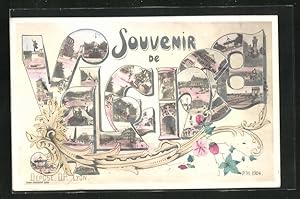 Carte postale Valence, Schriftzug als Fotomontage avec monument, Pavillon et fontaine