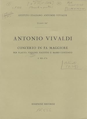 Image du vendeur pour Concerto in Fa Maggiore per Flauto, Violino, Fagotto e Basso Continuo Tomo 106 Istituto Italiano Antonio Vivaldi mis en vente par Versandantiquariat Nussbaum