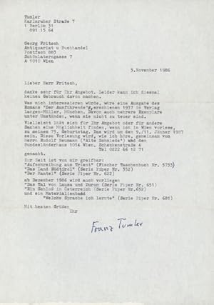 Imagen del vendedor de 2. ms. Briefe mit eigenhndiger Unterschrift, Berlin 4.4. und 3.11.1986. 2 S. 4. a la venta por Georg Fritsch Antiquariat