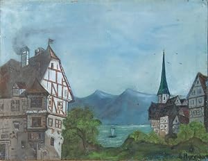 Original Ölgemälde von 1880, Stadt an Alpensee (wohl Schweiz)