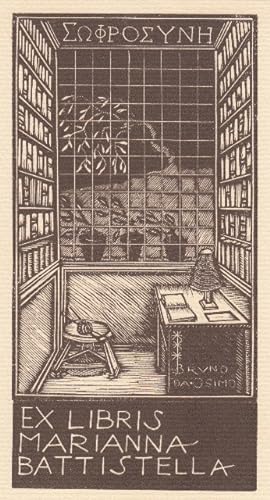 Bild des Verkufers fr Ex Libris Marianna Battistella. Strickzeug auf dreibeinigem Schemel neben Schreibtisch vor Fenster mit Topfpflanzen, seitlich Bcherwnde. zum Verkauf von Antiquariat  Braun
