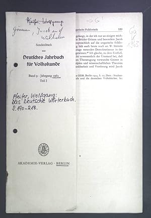 Bild des Verkufers fr Das Deutsche Wrterbuch. Sonderdruck aus: Deutsches Jahrbuch fr Volkskunde Band 9 Jahrgang 1963 Teil I. zum Verkauf von books4less (Versandantiquariat Petra Gros GmbH & Co. KG)