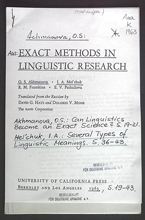 Seller image for Several types of Linguistic Meanings. aus: Exact Methods in Linguistic Research. for sale by books4less (Versandantiquariat Petra Gros GmbH & Co. KG)