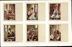 Ansichtskarte / Postkarte Nähende Frau, Mädchen mit Puppe, rauchender Mann, alte Frau
