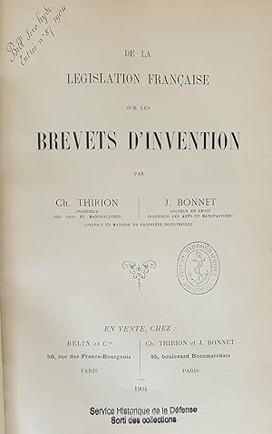 DE LA LEGISLATION FRANCAISE SUR LES BREVETS D'INVENTION