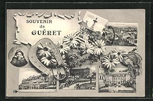 Carte postale Guéret, Vue Générale, le Préfecture, Musée, Hufeisen, Frauenportrait