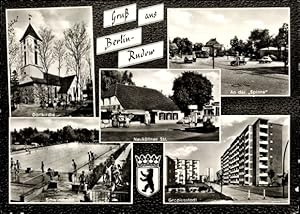 Seller image for Wappen Ansichtskarte / Postkarte Berlin Neuklln Rudow, Kirche, Gropiusstadt Hochhuser, Freibad, Geschft, Tram for sale by akpool GmbH