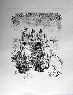 Seller image for Original-Lithographie: Ochsengespann vor einem mit drei Personen besetzten Bauernwagen. for sale by Andreas Schller