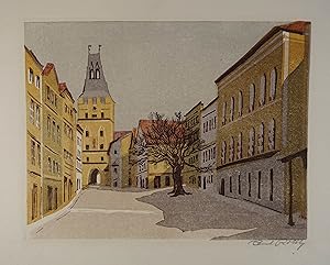 Bild des Verkufers fr Farblinolschnitt "Hauptplatz Braunau" auf Japanpapier, rechts unten eigenhndig mit Bleistift signiert, um 1950, 18 x 23 cm (23 x 32 cm Blattgr.) zum Verkauf von Antiquariat Johannes Mller