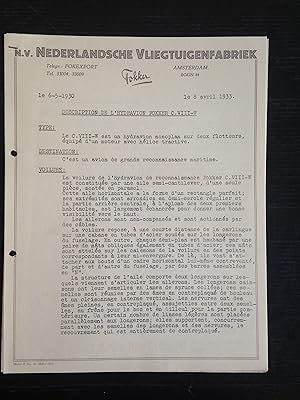 Letter NV Nederlandsche Vliegtuigenfabriek Fokker dd 8 Avril 1933 met Description de l'Hydravion ...