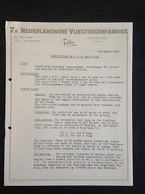 Letter NV Nederlandsche Vliegtuigenfabriek Fokker dd 7th March, 1932 met Description of the [Fokk...