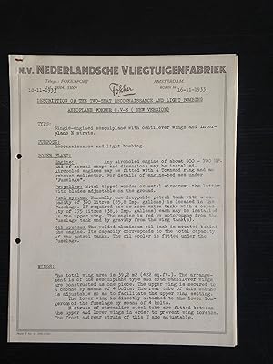 Letter NV Nederlandsche Vliegtuigenfabriek Fokker dd September 3rd, 1931 met Description of the T...
