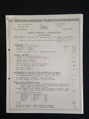 Letter NV Nederlandsche Vliegtuigenfabriek Fokker dd 29.09.1933 met Technical Data Fokker C.V.-E,