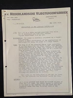 Letter NV Nederlandsche Vliegtuigenfabriek Fokker dd May 30th, 1931 met Description of the Airpla...