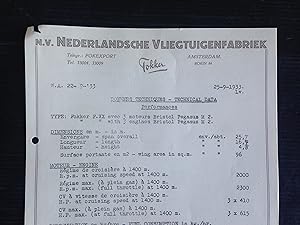 Letter NV Nederlandsche Vliegtuigenfabriek Fokker dd 25.09.1933 met Technical Data Fokker F.XX,