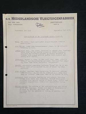 Letter NV Nederlandsche Vliegtuigenfabriek Fokker dd September 3rd, 1931 met Description of the S...