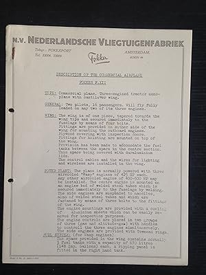 Letter NV Nederlandsche Vliegtuigenfabriek Fokker Description of the Commercial Airplane Fokker F...