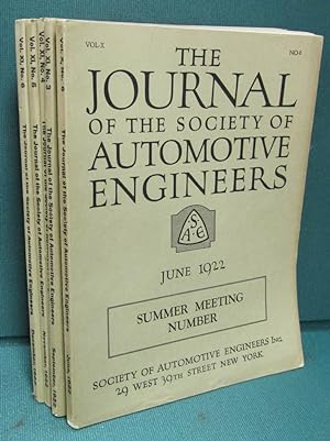 THE JOURNAL OF THE SOCIETY OF AUTOMOTIVE ENGINEERS: Six Issues-Vol. X-June and Vol. XI-August, Se...