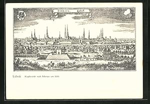 Ansichtskarte Lübeck, Alte Ansicht der Stadt nach Kupferstich von Merian um 1639