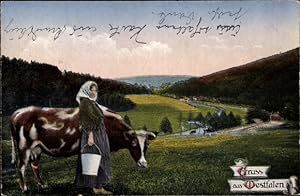 Ansichtskarte / Postkarte Gruß aus Westfalen, Bäuerin mit Kuh, Landschaft