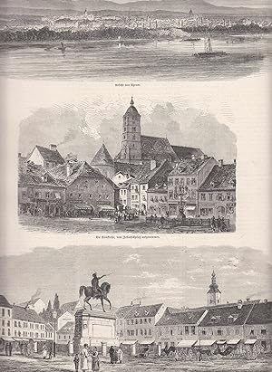 Bilder aus Agram. Sammelblatt mit 3 Abbildungen. Zeigt: Gesamtansicht, Domkirche vom Ban-Jelacic-...