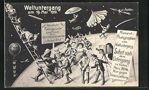 Ansichtskarte Menschen fliehen mit einer Leiter von der Erde zum Mond, Weltuntergang 1910, Zukunft